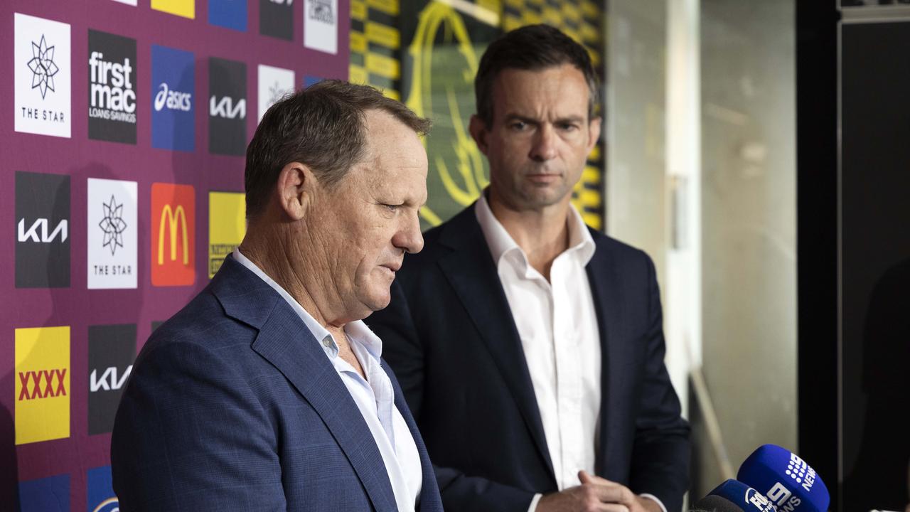 Sacked Broncos coach Kevin Walters and Brisbane CEO Dave Donaghy address the media at the Clive Berghofer Centre, Red Hill, Friday, September 27, 2024 – Picture: Richard Walker