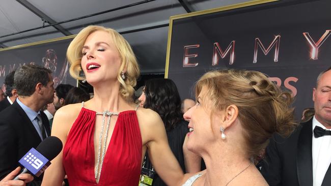 Nicole Kidman and Big Little Lies' Australian author Liane Moriarty on the Emmys red carpet in Los Angeles. Picture: AAP