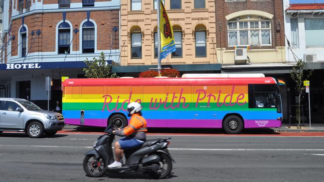For the first time a rainbow decorated State Transit bus has taken to the streets of Sydney to celebrate the annual Gay and Lesbian mardi gras festival.