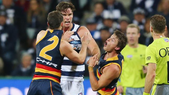 Tom Hawkins was rubbed out for one week after punching Adelaide’s Matt Crouch. Picture: Getty Images