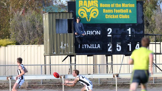 The scoreboard approaching three-quarter time siren of a Marion v Reynella Southern Football League game in May. Marion remains winless. Picture: Stephen Laffer