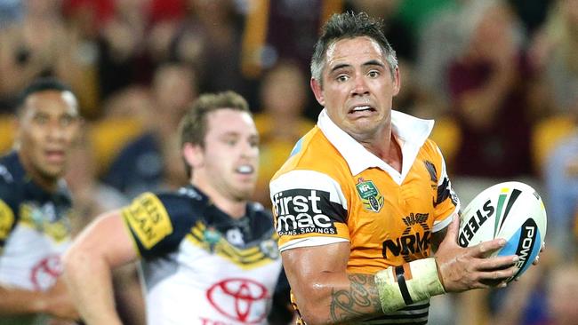 Broncos Corey Parker runs for his second try. The Brisbane Broncos vs the North Queensland Cowboys at Suncorp Stadium. Pic Peter Wallis