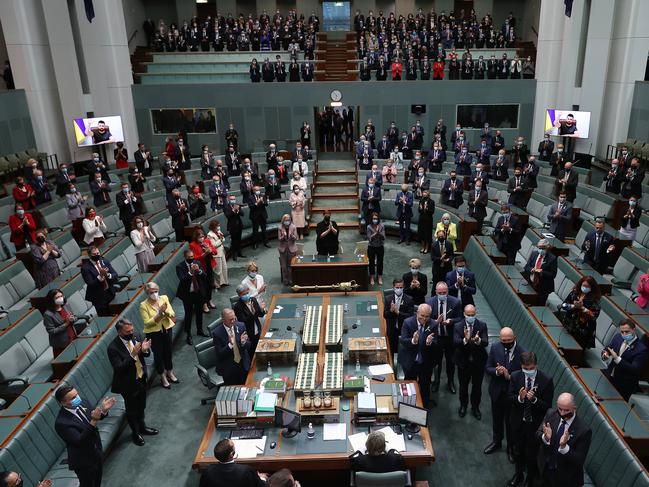 The House of Representatives in a rare moment of unity, giving a standing ovation for Volodymyr Zelenskyy, President of Ukraine, for his address to the Australian Parliament. Picture: NCA NewsWire / Gary Ramage