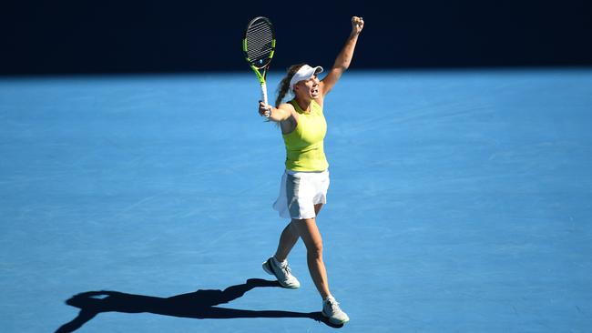 Caroline Wozniacki of Denmark seals a stunning comeback win over Jana Fett. Picture: AAP