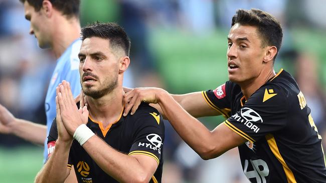 Bruno Fornaroli (left) celebrates his gaol against Melbourne City. Picture: Getty Images