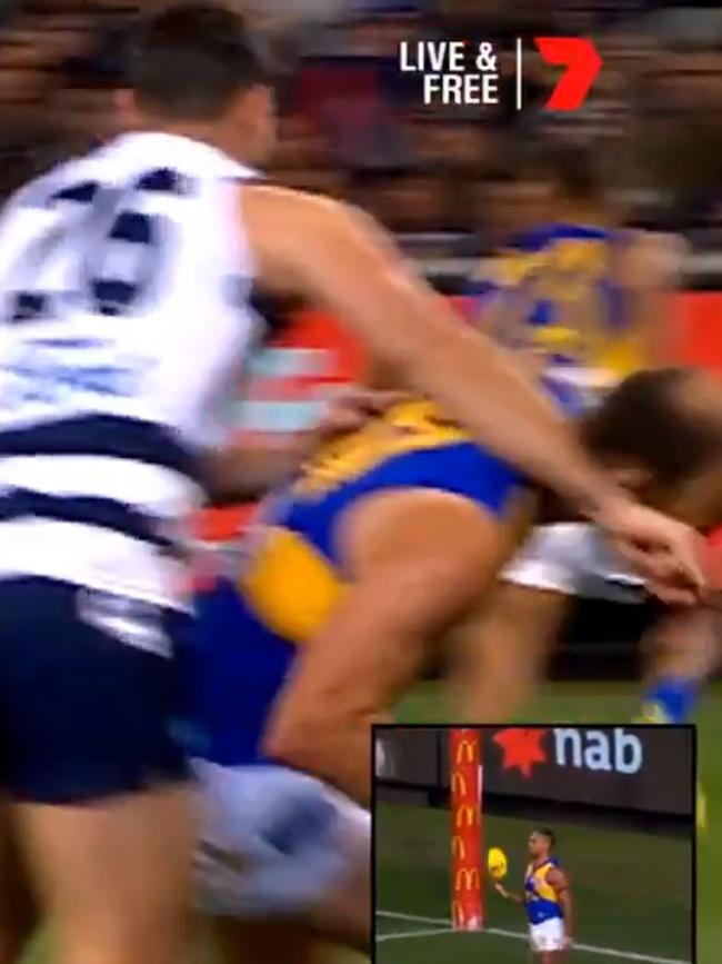 Screen grab of Geelong's Tom Hawkins clashing with West Coast Eagles player Will Schofield behind play. Picture: Channel 7