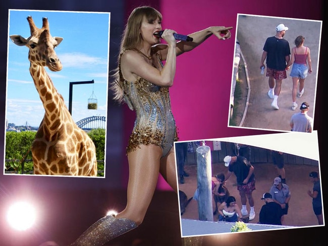 Between shows in Sydney, Taylor Swift, centre, bypassed Taronga and its views, left, for Sydney Zoo, right, twice. Once solo, and once with boyfriend Travis Kelce, top right. Pictures: Getty/Supplied