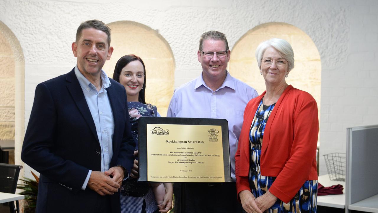 Minister Cameron Dick, Member for Keppel, Brittany Lauga, Member for Rockhampton Barry O'Rourke and former Mayor Margaret Strelow at Rockhampton Smart Hub.