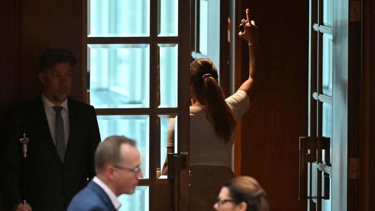 Senator Thorpe walks out after throwing papers at One Nation leader Pauline Hanson in the Senate chamber at Parliament House in Canberra, Wednesday, November 27, 2024. Picture: AAP Image/Mick Tsikas