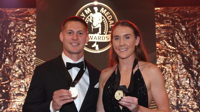 NRL Dally M Medal winner Kalyn Ponga and NRLW Dally M Medal winner Tamika Upton on Wednesday. Picture: Getty Images