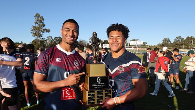 Cronulla star player Ronaldo Mulitalo, left, is an Ipswich SHS past student. He is with captain Josiah Pahulu. Picture: NIGEL HALLETT