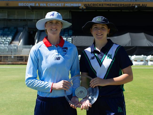 Captains with the Betty Butcher Shield before the final between NSW Metro (Claire Moore) and Victoria Country (Rhys McKenna), Cricket Australia Under-19 National Female Cricket Championships in Perth, 12 December, 2022. Picture: Cricket Australia