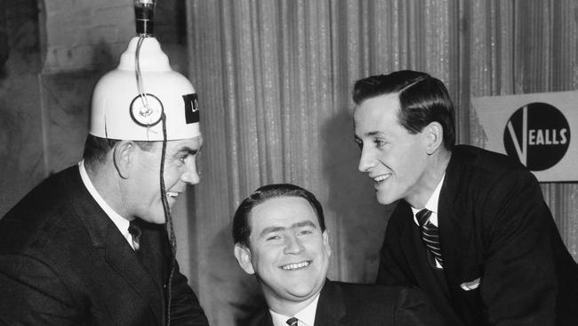 Lou Richards, Ron Casey and Bill Collins on the set of TV show World of Sport in 1960.