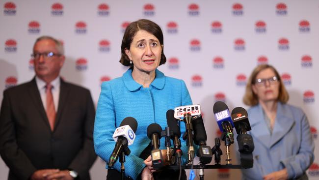 NSW Premier Gladys Berejiklian, Health Minister Brad Hazzard and Chief Health Officer Dr Kerry Chant. Picture: NCA NewsWire / Christian Gilles