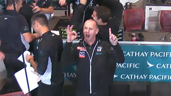 Screenshots of Port Adelaide coach Ken Hinkley celebrating Port Adelaide's win over Adelaide in Showdown 44. Hinkley is seen gesturing the numbers 1-0.                        <a capiid="4b3c89c687cac568ed798f303f52b1f6" class="capi-video">Showdown 44's dramatic finish</a>