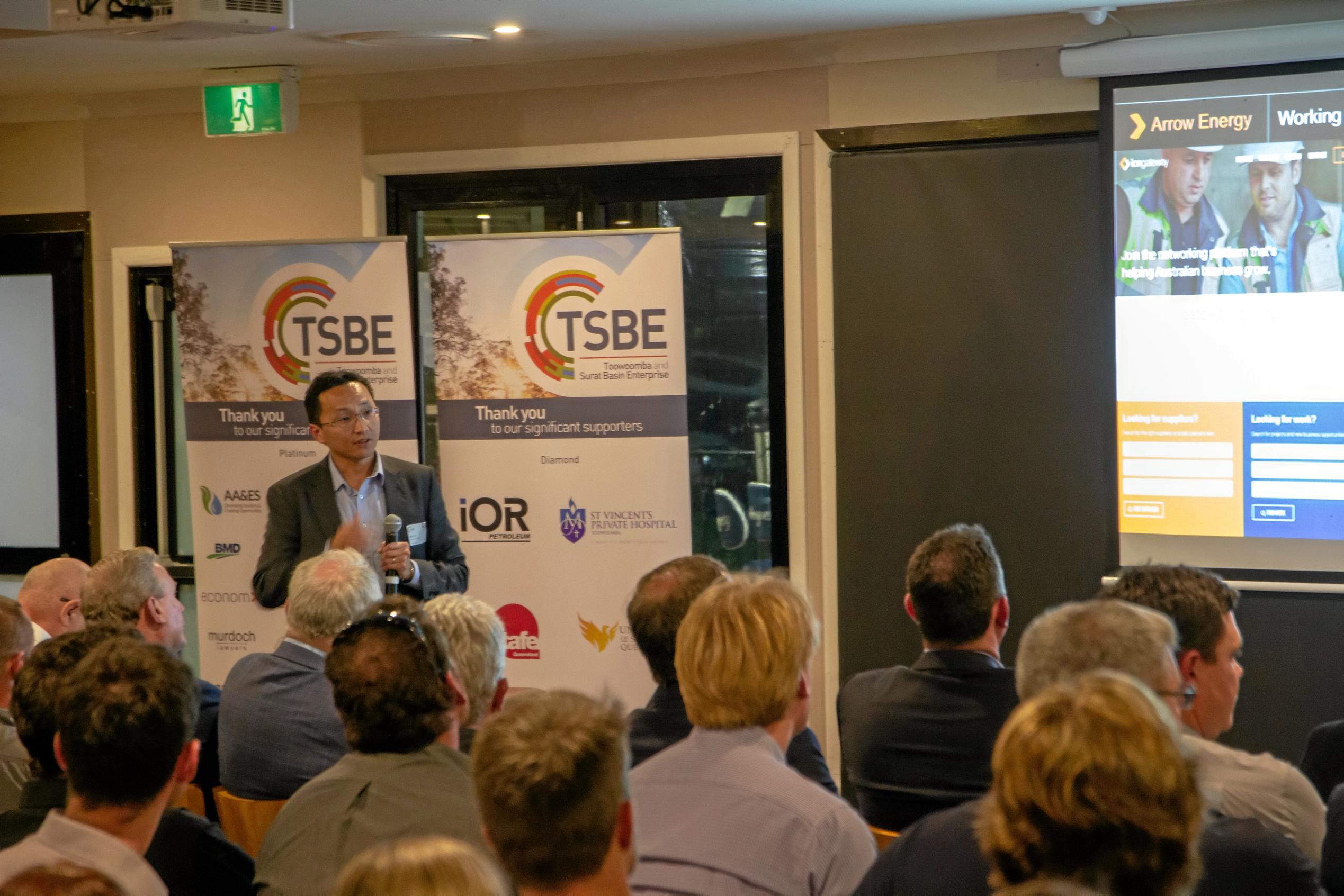 Arrow Energy's COO Ivan Tan gives a presentation at TSBE's October Enterprise Evening at the Dalby League's Club on October 11, 2018. Picture: Dominic Elsome