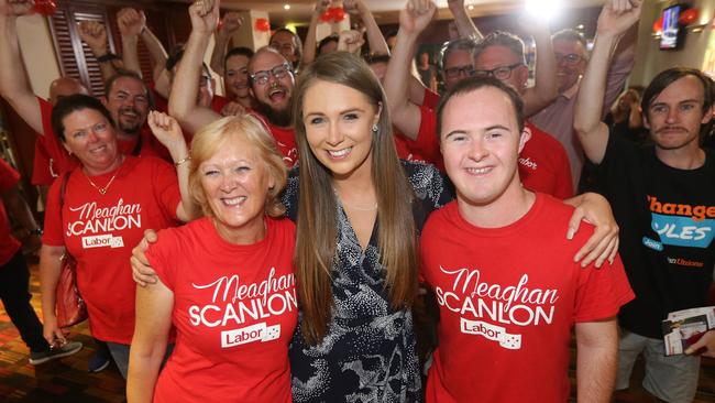 Meaghan Scanlon with her Mother Margaret Scanlon, brother Callum Scanlon and supporters at her election night party at Parkwood. Picture Mike Batterham