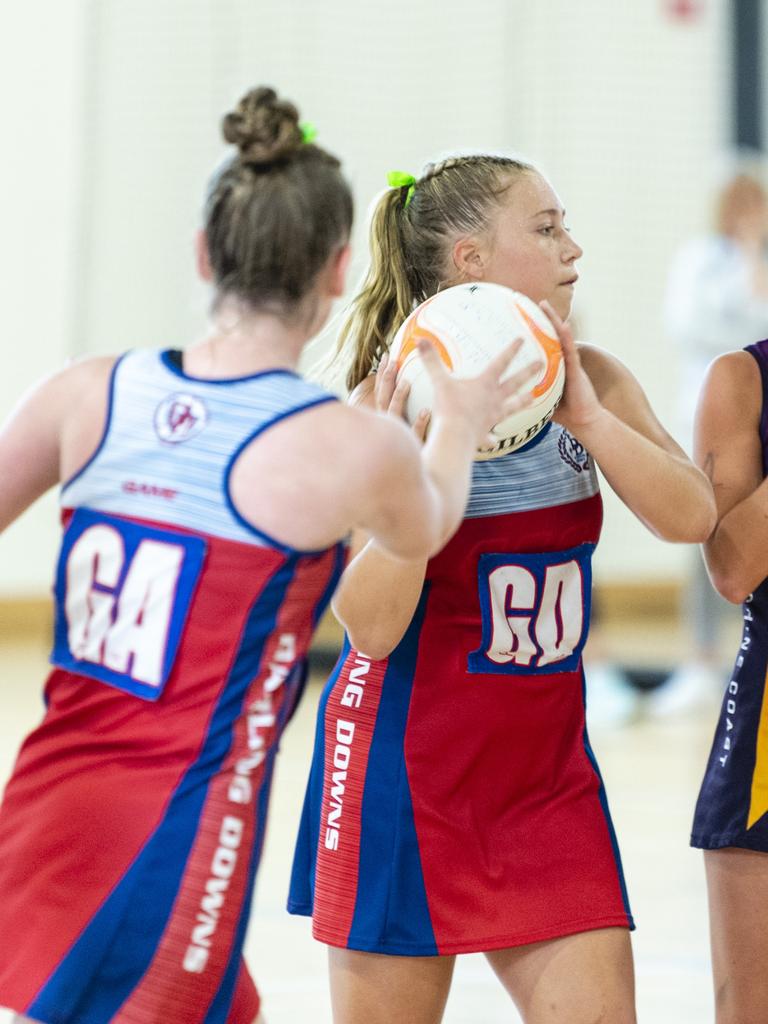 Pypah Ferguson for Darling Downs against Sunshine Coast in Queensland School Sport 13-15 Years Girls Netball championships at The clive Berghofer Sports centre, The Glennie School, Friday, May 6, 2022. Picture: Kevin Farmer