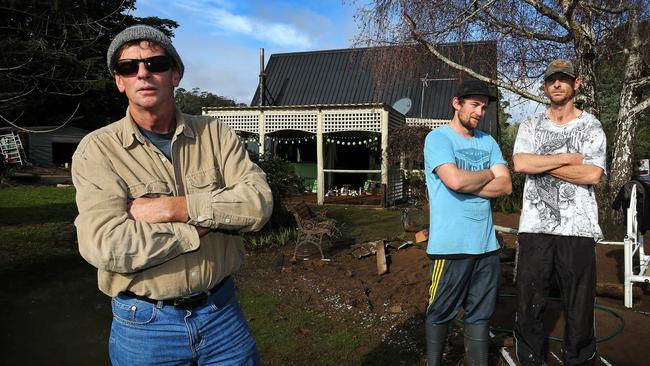 Mary's son Michael Allford, grandsons Aaron Allford and Michael Warren survey the scene of the tragedy at Shale Road, Latrobe PICTURE: CHRIS KIDD