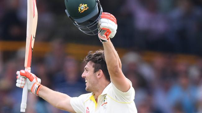 A jubilant Mitchell Marsh celebrates his first Test century at the WACA Ground on Saturday.