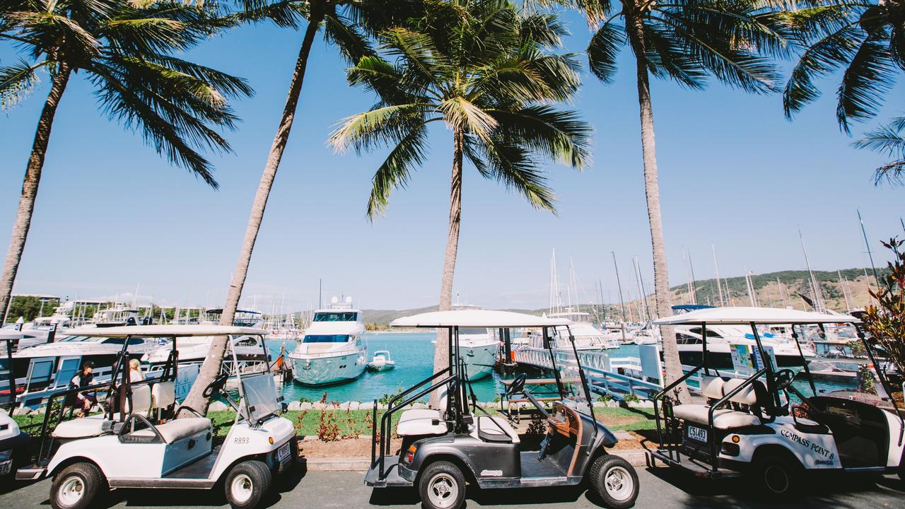 Golf buggies are the main mode of transport around Hamilton Island.