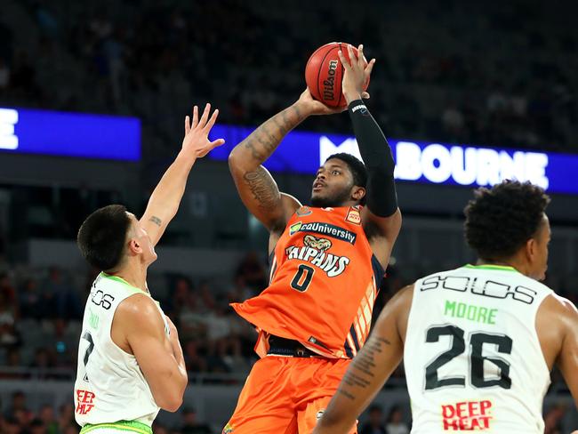 Cameron Oliver of the Taipans shoots during the NBL Cup match between the Cairns Taipans and the South East Melbourne Phoenix at John Cain Arena on March 12, 2021, in Melbourne, Australia. (Photo by Kelly Defina/Getty Images)