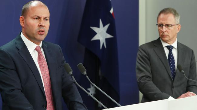 26/7/19: Treasurer Josh Frydenberg and Communications minister, Paul Fletcher discuss the release of the ACCC report into Google and Facebook today in Sydney. John Feder/The Australian.