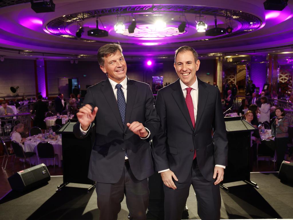 The glitzy Park Hyatt ballroom hosted the treasurers debate between Angus Taylor and Jim Chalmers on Wednesday. Picture: NewsWire / David Crosling