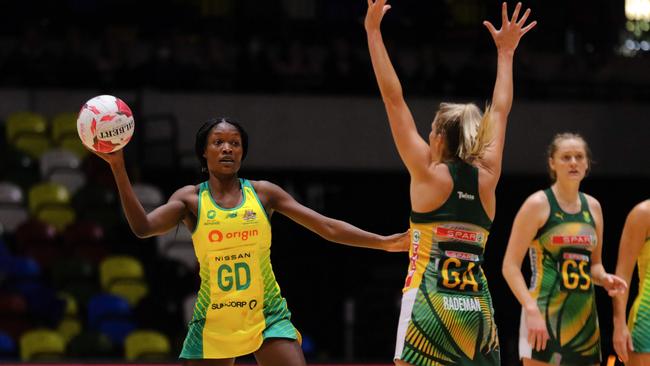 Sunday Aryang in action in the Quad Series in England last year. Photo: England Netball