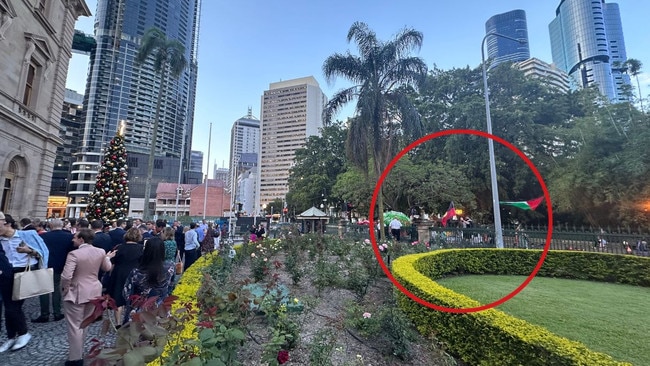 Pro-Palestinian protesters crash the symbolic lighting of Parliament’s Christmas tree. Picture: Hayden Johnson