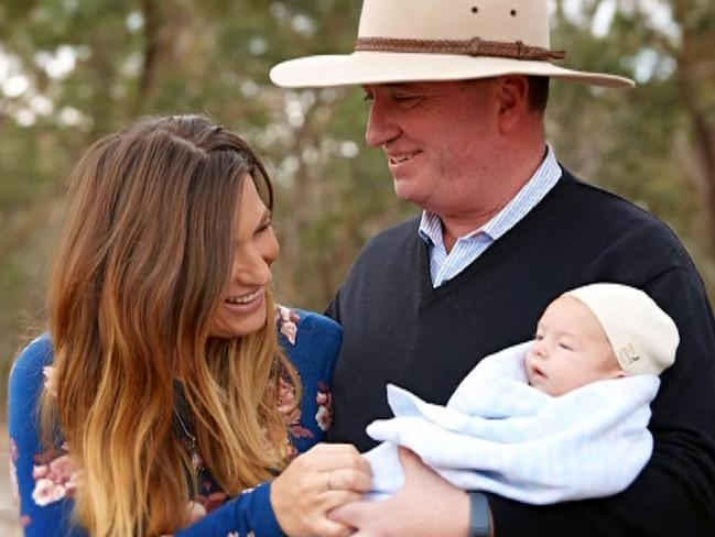 Vikki Campion, Barnaby Joyce and their baby. Picture: Channel 7