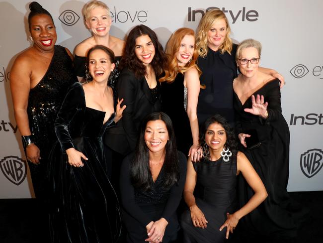 Top left to right, Activist Tarana Burke, actors Natalie Portman, Michelle Williams, America Ferrera, Jessica Chastain, Amy Poehler, Meryl Streep. Bottom left to right: activists Ai-jen Poo and Saru Jayaraman at the 2018 InStyle and Warner Bros. 75th Annual Golden Globe Awards Post-Party. Picture: Joe Scarnici/Getty Images for InStyle.