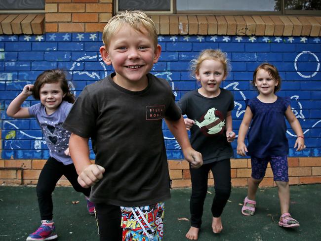 Preschoolers (from left) Mackenzie, 3, Matthew, 4, Baylie, 4, and Holly, 4, at Rainbow Cottage Preschool in Cambridge Gardens. Picture: Toby Zerna