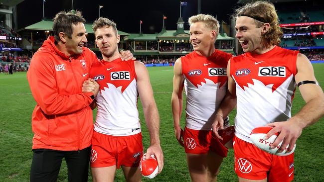 Luke Parker, pictured second from left with Josh Kennedy, Isaac Heeney and James Rowbottom, is relishing the club’s latest wave of success. Picture: Phil Hillyard