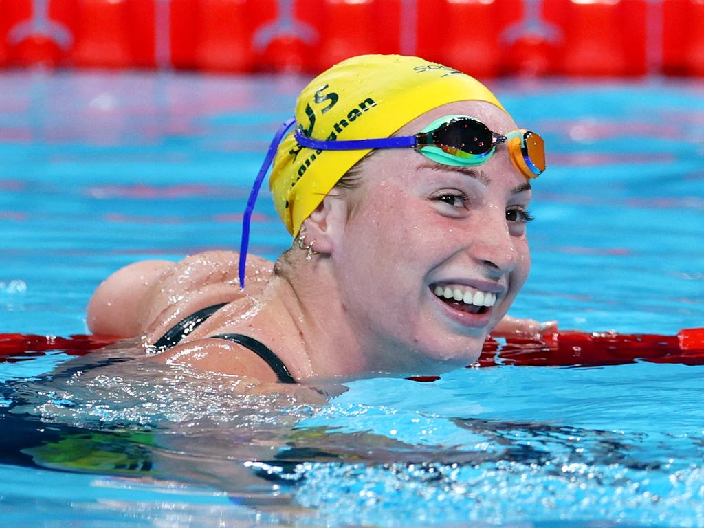 Mollie O'Callaghan celebrates after winning gold in the women’s 200m freestyle. Picture: Getty Images