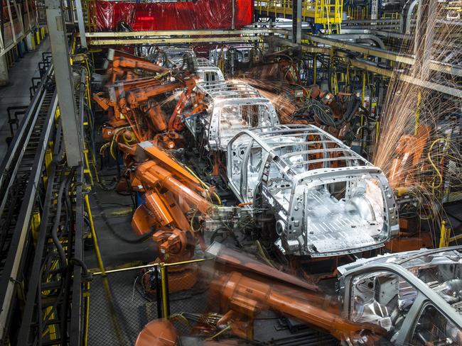 Robotic machines weld together the frames of SUVs during production at the General Motors (GM) assembly plant in Arlington, Texas. Picture: Bloomberg