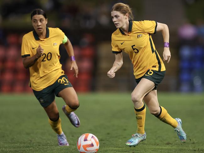 Cortnee Vine (R), who may be the quickest player at the World Cup, gives the Matildas another player with pace to burn. Picture: Cameron Spencer/Getty Images