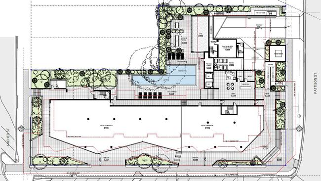 Floor plan details for the ground floor which features the commercial/ retail space, gym, entry/lobby and pool areas.