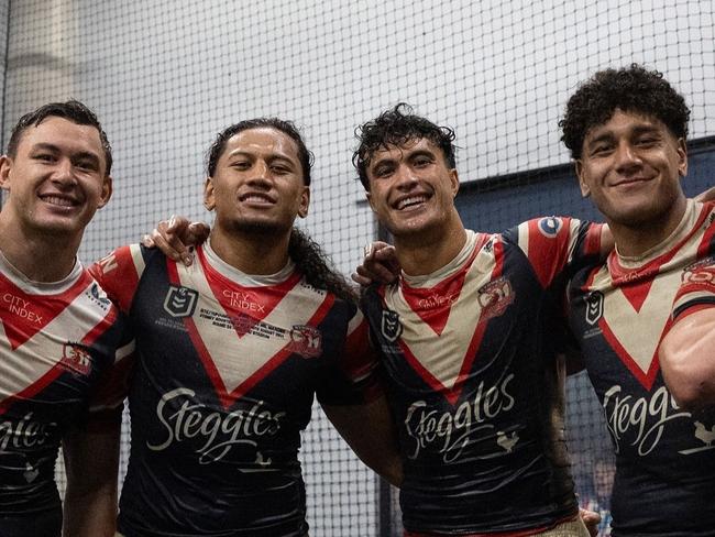 Joey Manu, Sitili Tupouniua, Joseph Aukuso-Suaalii, Siua Wong have formed a hip hop group. Photo: Sydney Roosters