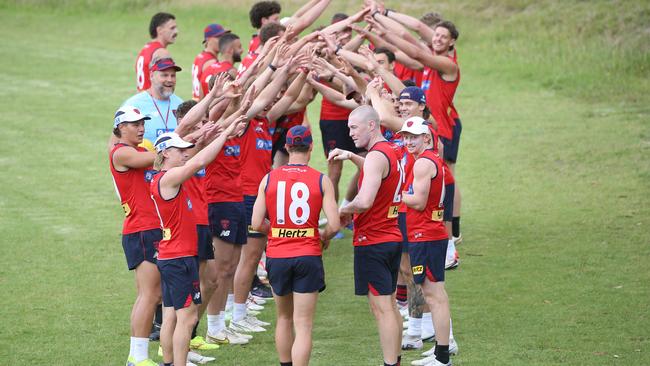 Demons in Lorne: A guard is formed for Jake Melksham to run through as he progresses in his ACL rehab. Picture: Brendan Beckett