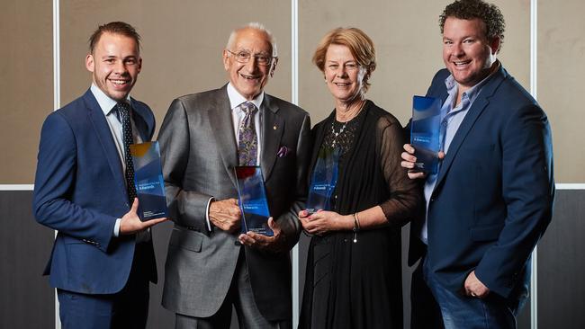 Kyran Dixon, Professor David David AC, Barbara Spriggs and Andrew ‘Cosi’ Costello, after awarded South Australian of the Year awards on Monday. Picture: AAP/Matt Loxton