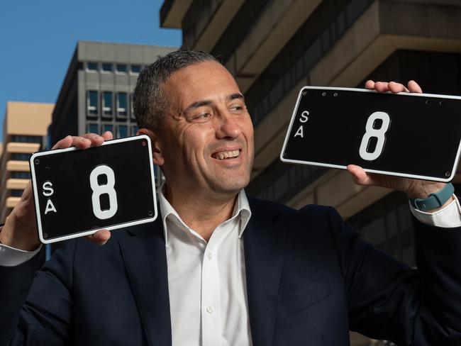 10th February 2024 - One of the stateÃs first licence plates, 8, is being auctioned off to fund essential road works, and buyers are expected to pay a record price of more than $1 million for the ÃluckyÃ collectorÃs item. Transport Minister Tom Koutsantonis with the plates. Picture: Naomi Jellicoe