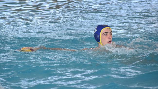 Water Polo Queensland Country Championships, 2nd World War Memorial Aquatic Centre, Rockhampton, February 18, 2023. Men, Mackay versus Sunshine Coast. Sunshine Coast player Aaden Staskiewicz.