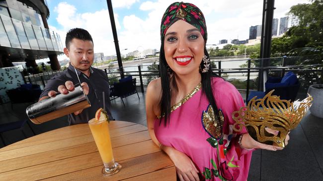 Heritij Restaurant bar manager Junya Kato with Beci Culley, who is a kaftan by Bonita Kaftans ahead of New Year’s Eve. Picture: Tara Croser.