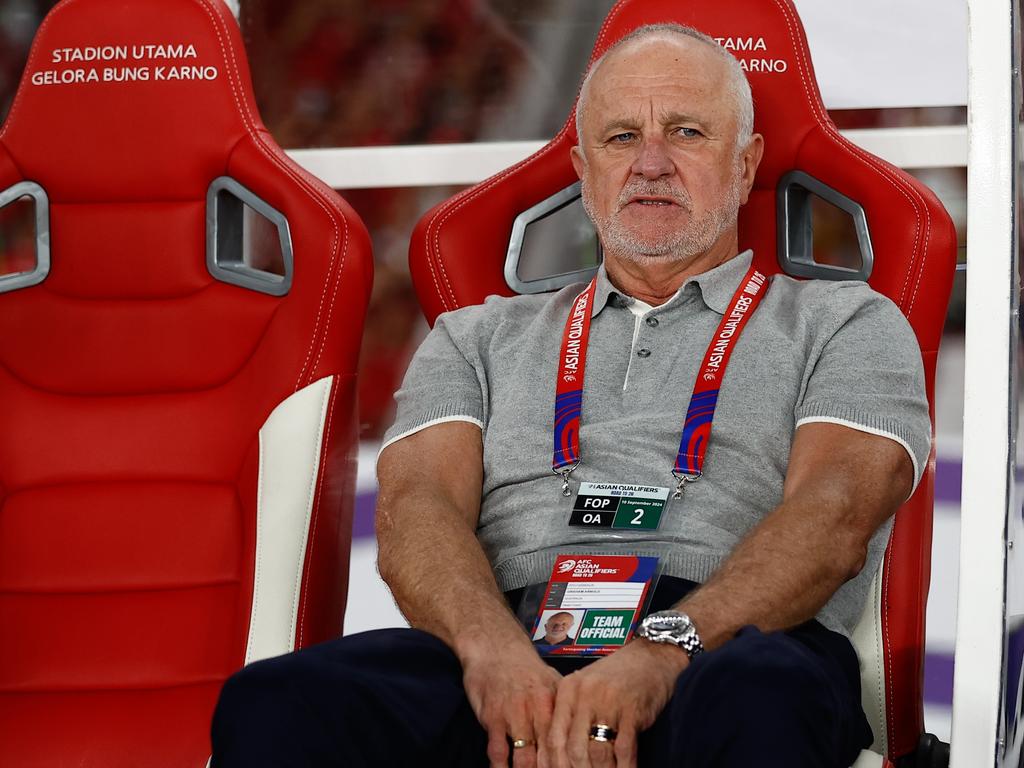 Graham Arnold is still waiting for the Socceroos’ first goal in the World Cup qualifiers. Picture: Robertus Pudyanto/Getty Images