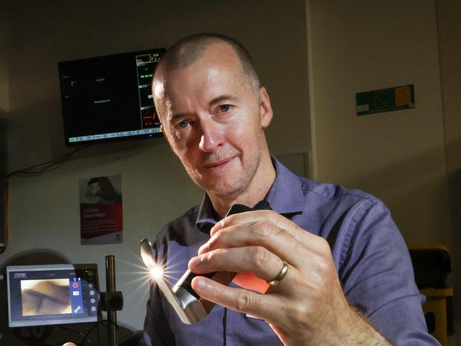 2024 Good Friday Appeal regional Victoria. Geelong Hospital Barwon Health. Dr Dave Fuller Clinical Director Women Children and Families with a prem baby mannequin holding a video laryngoscope for prem babies.            Picture: David Caird