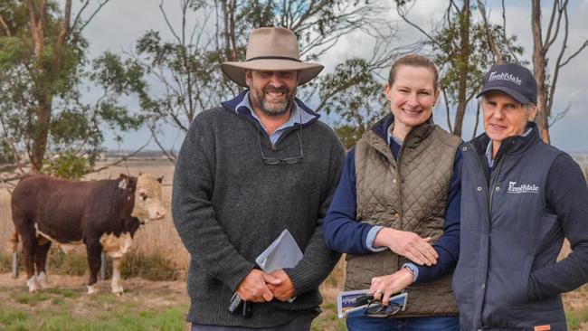 The top-priced bull at the 50th annual Ennerdale Hereford sale was bought for $6000 by Robert Lawrence and Georgie Luckock, seen with stud principal Kate Luckock. Picture: Madeleine Stuchbery