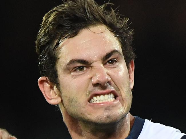 Daniel Menzel of the Cats reacts after kicking a goal during the Round 5 AFL match between the Port Adelaide Power and the Geelong Cats at the Adelaide Oval in Adelaide, Saturday, April 21, 2018. (AAP Image/Julian Smith) NO ARCHIVING, EDITORIAL USE ONLY