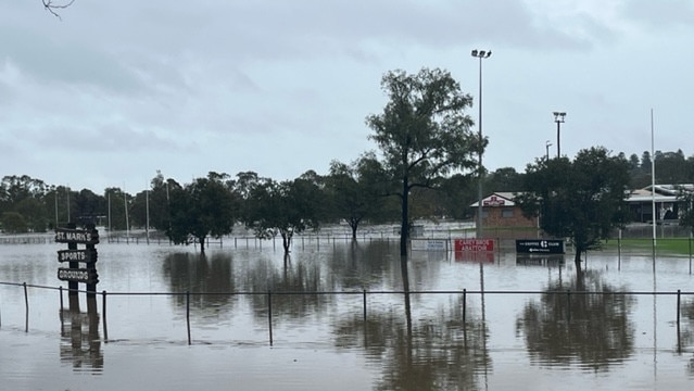 The Condamine River has exceeded its major flood level of 7m, closing the O.O. Madsen Bridge and inundating the nearby sports fields. Picture: Jessica Paul / Warwick Daily News