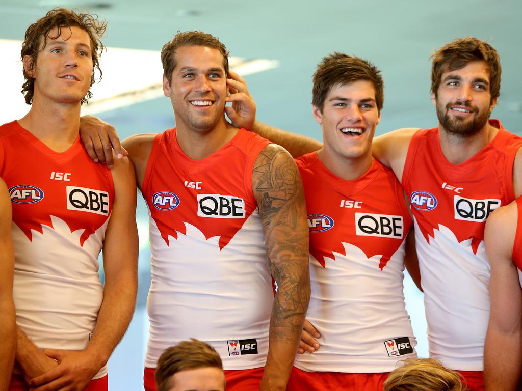 Melican (2R) developed in a Swans list surrounded by superstars, but is finally paving his own way. Picture: Chris Pavlich